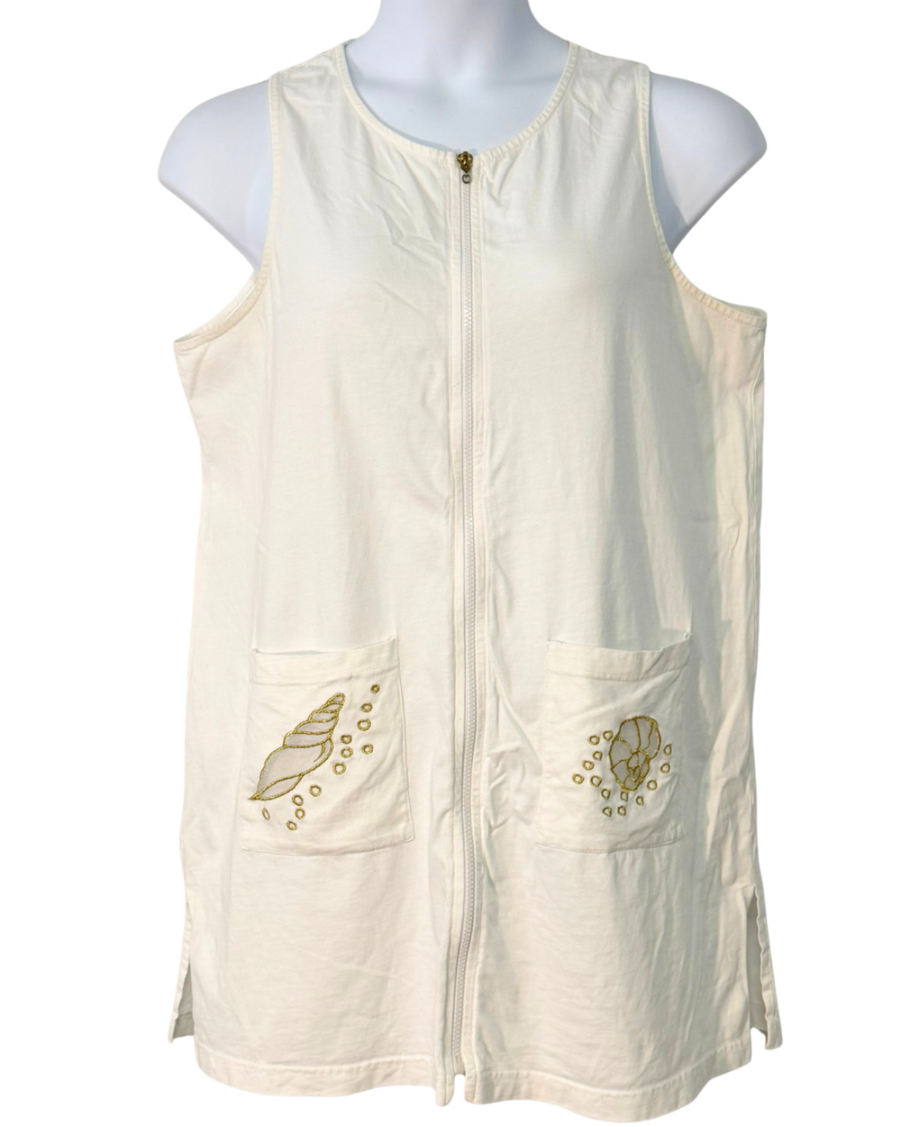 CZ Sz L Swim Cover Zip Front Robe White Cotton Knit with Gold Shell Embroidery